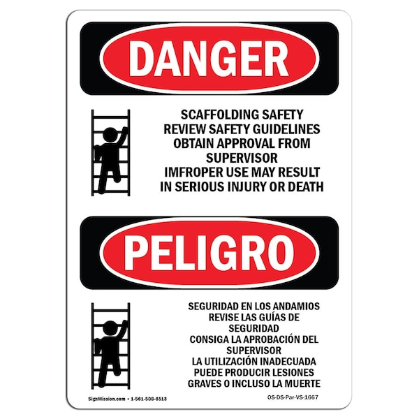 Safety Sign, OSHA Danger, 24" Height, Aluminum, Scaffolding Safety Guidelines Bilingual Spanish